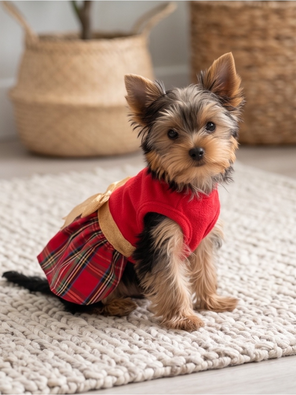 SimplyDog XS Red Plaid Christmas Dog Dress – Gold Bow Holiday Tartan